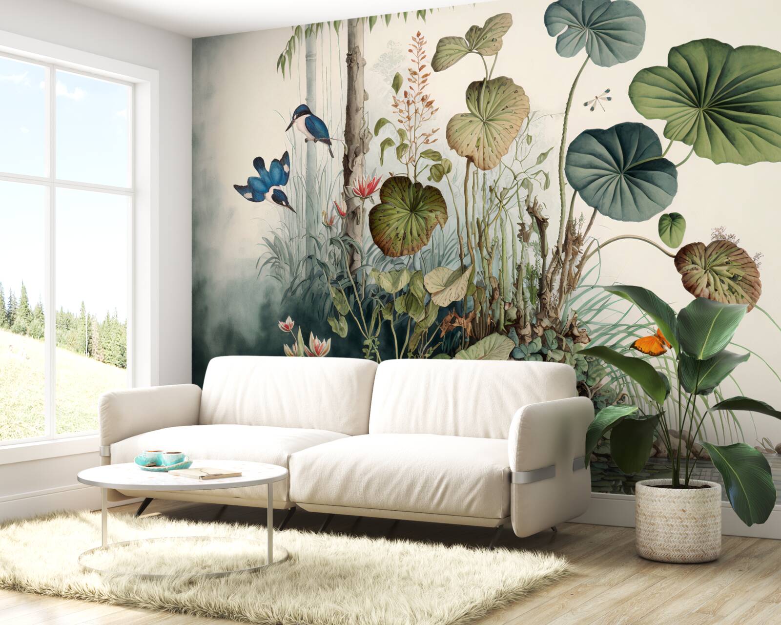 Fotobehang een eenzaam eiland in het meer waarop een kraan staat