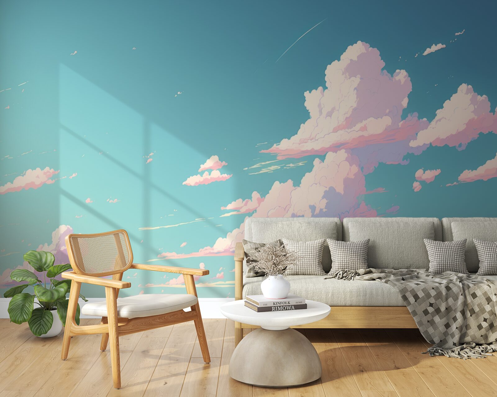 Fotobehang de blauwe lucht is versierd met roze wolken