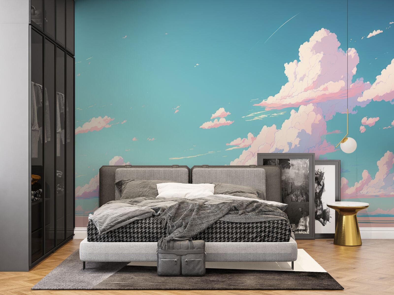 Fotobehang de blauwe lucht is versierd met roze wolken