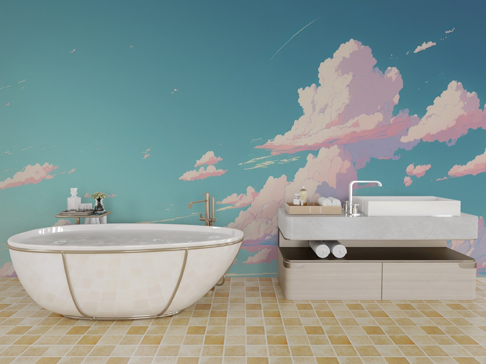 Fotobehang de blauwe lucht is versierd met roze wolken