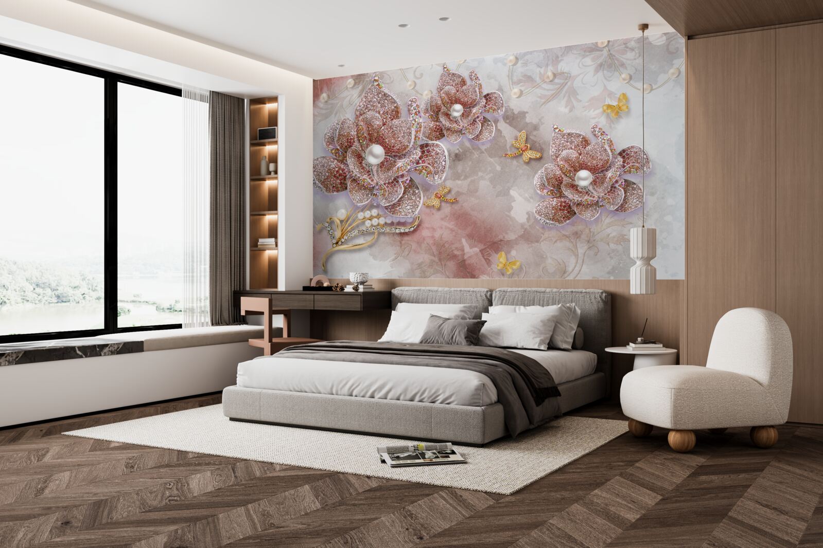 Fotobehang bloemknoppen van rode stenen en parelmoer