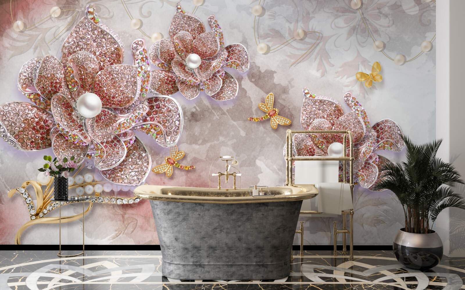 Fotobehang bloemknoppen van rode stenen en parelmoer