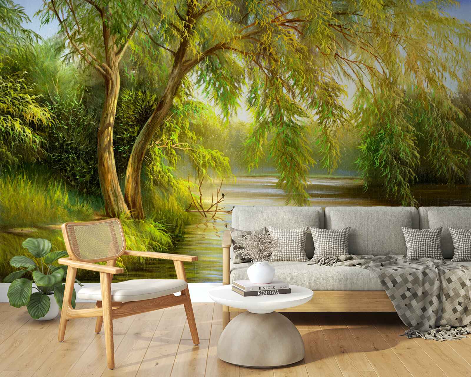 Fotobehang in de zomer leunt de wilgenboom droevig over het water