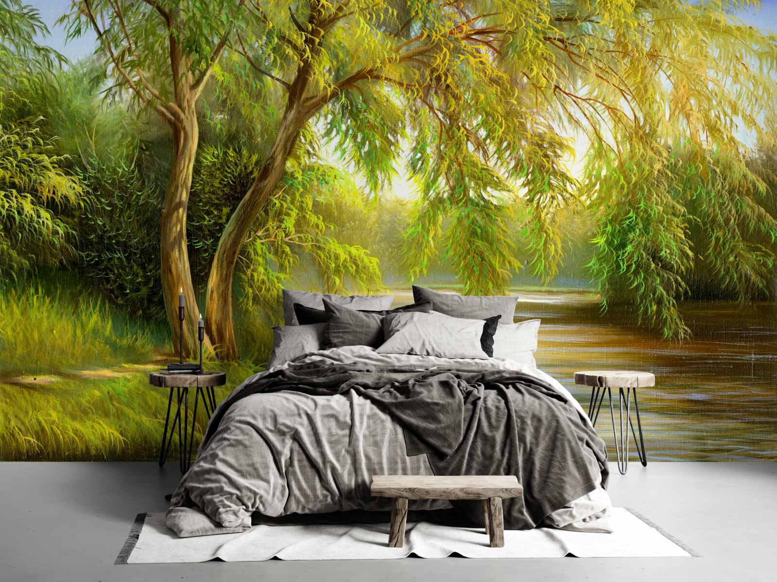 Fotobehang in de zomer leunt de wilgenboom droevig over het water