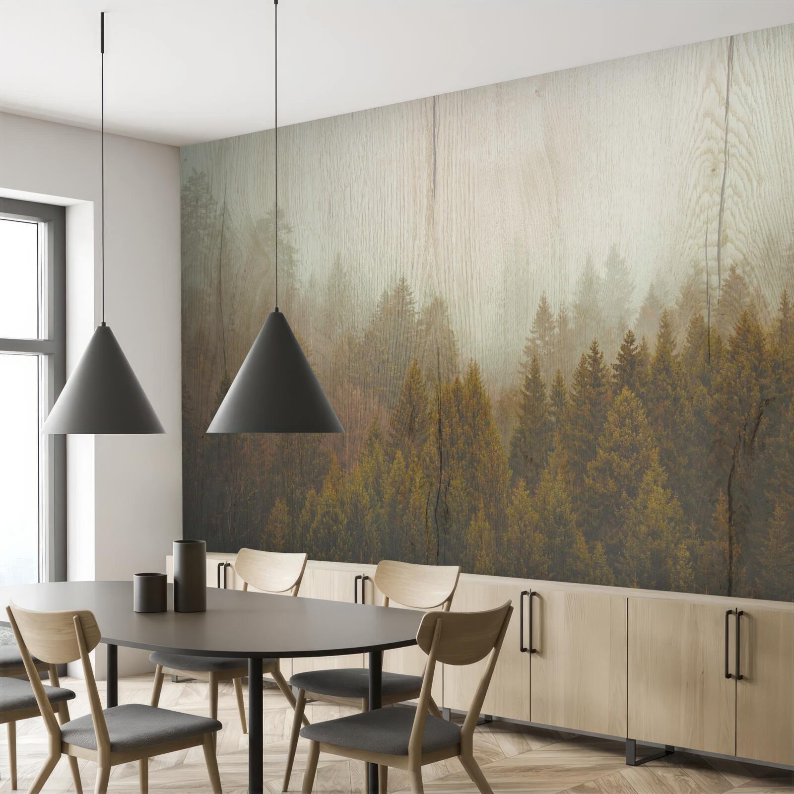 Fotobehang mistig bos in de herfst