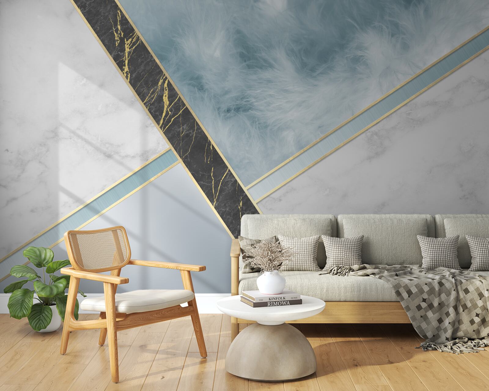 Fotobehang marmer in grijs- en blauwtinten met een zwart element