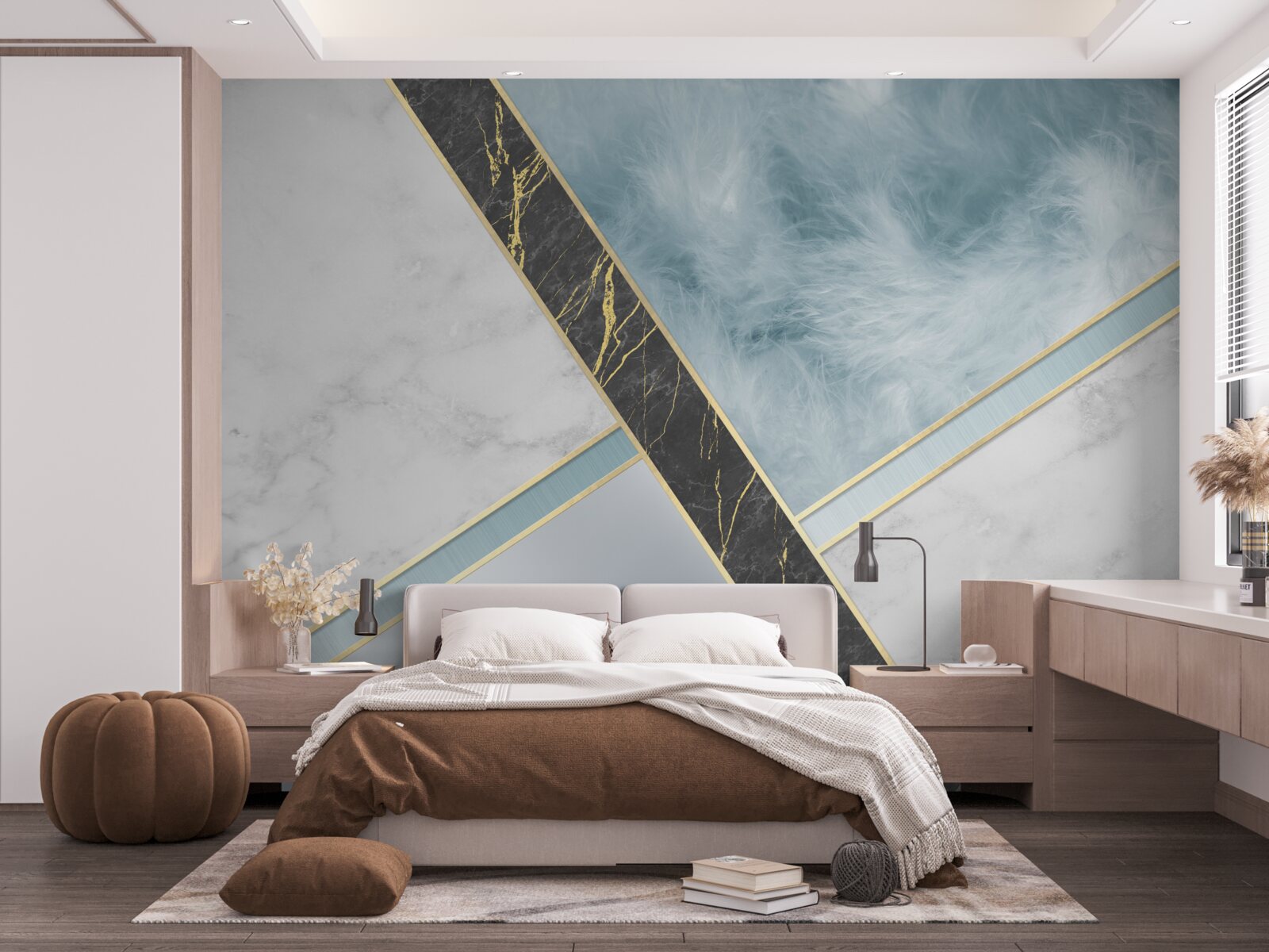 Fotobehang marmer in grijs- en blauwtinten met een zwart element