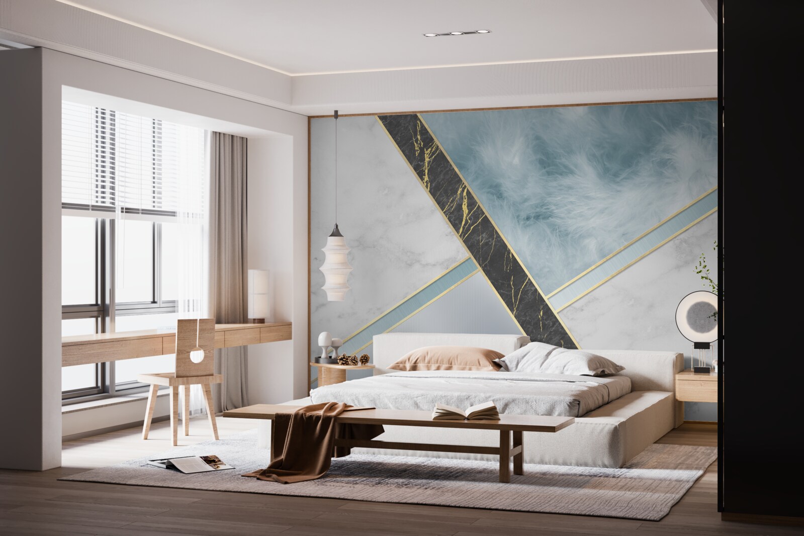 Fotobehang marmer in grijs- en blauwtinten met een zwart element