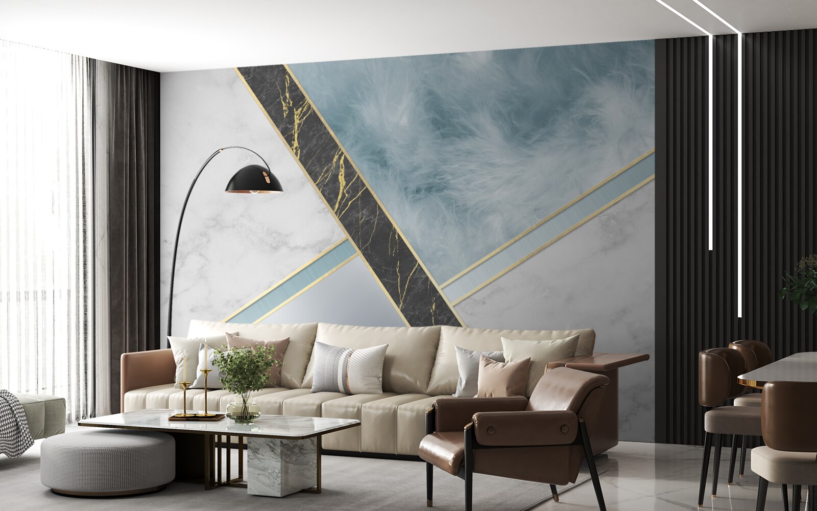 Fotobehang marmer in grijs- en blauwtinten met een zwart element