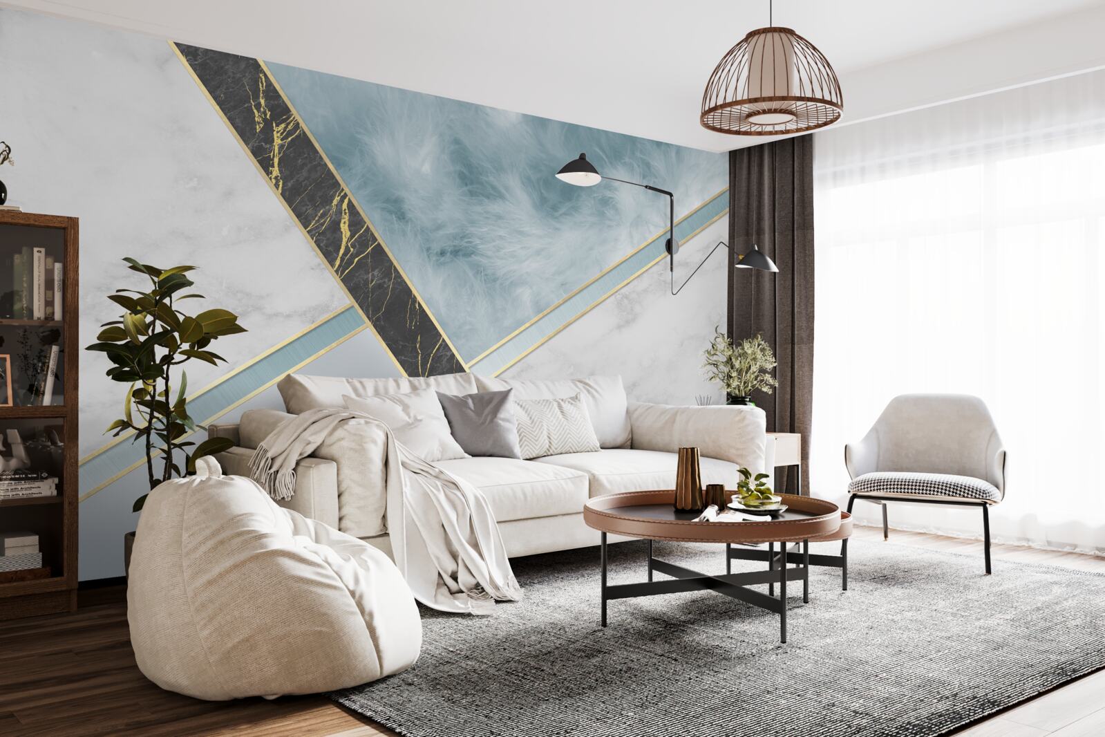 Fotobehang marmer in grijs- en blauwtinten met een zwart element