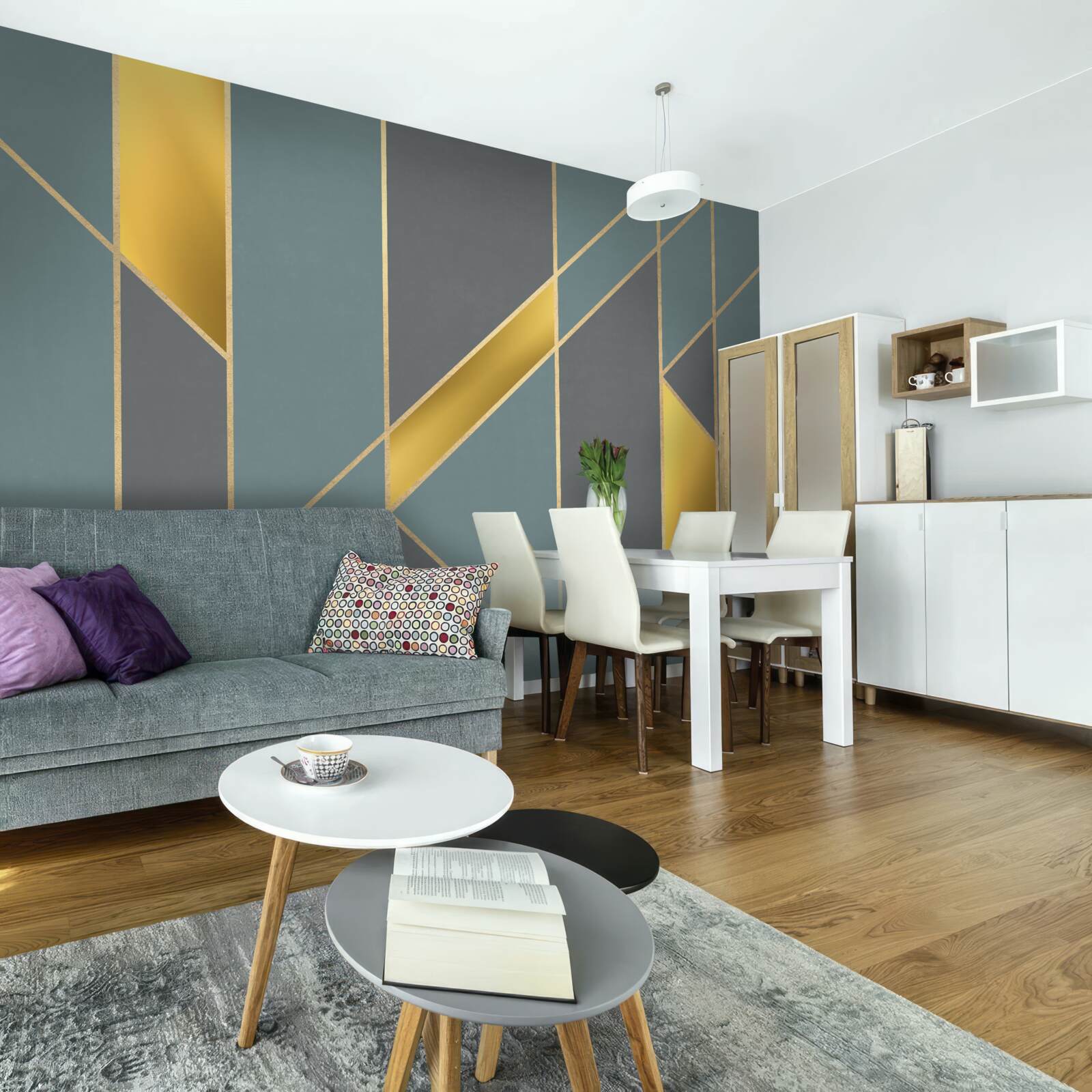 Fotobehang blauwe figuren met gouden accenten