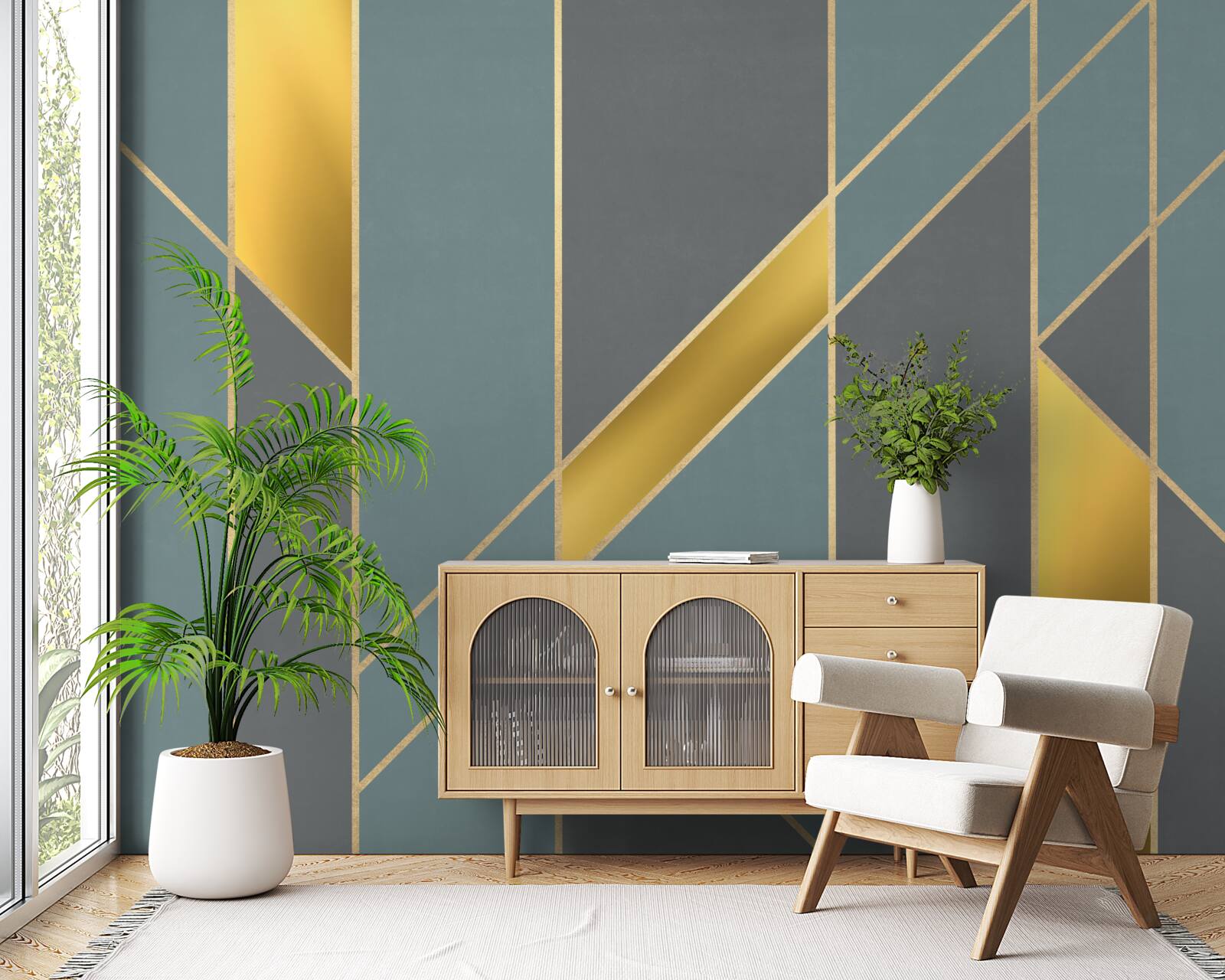 Fotobehang blauwe figuren met gouden accenten