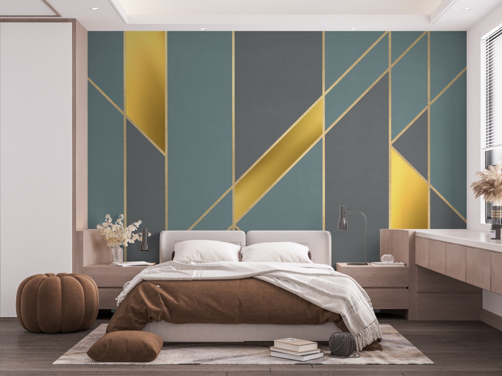 Fotobehang blauwe figuren met gouden accenten