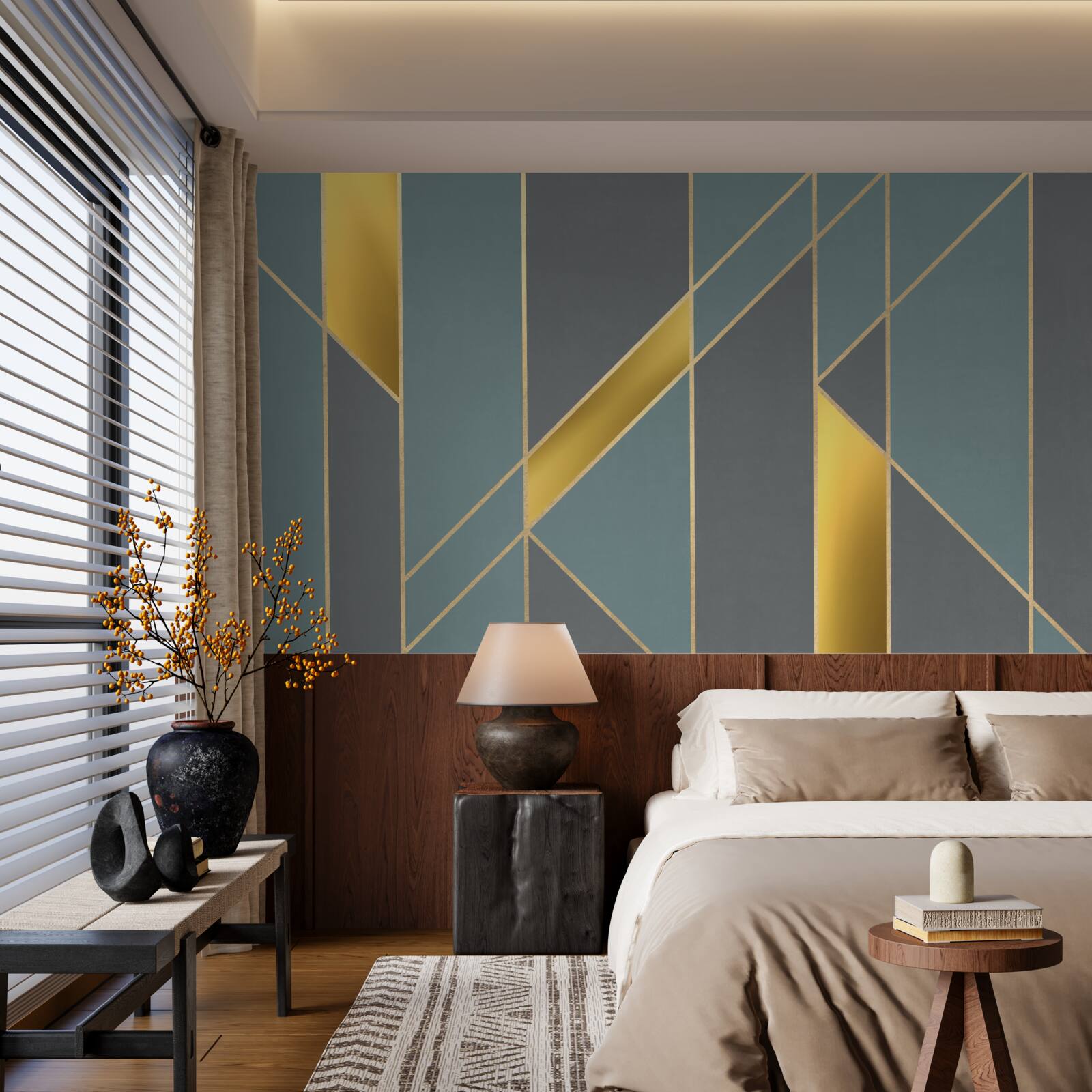 Fotobehang blauwe figuren met gouden accenten