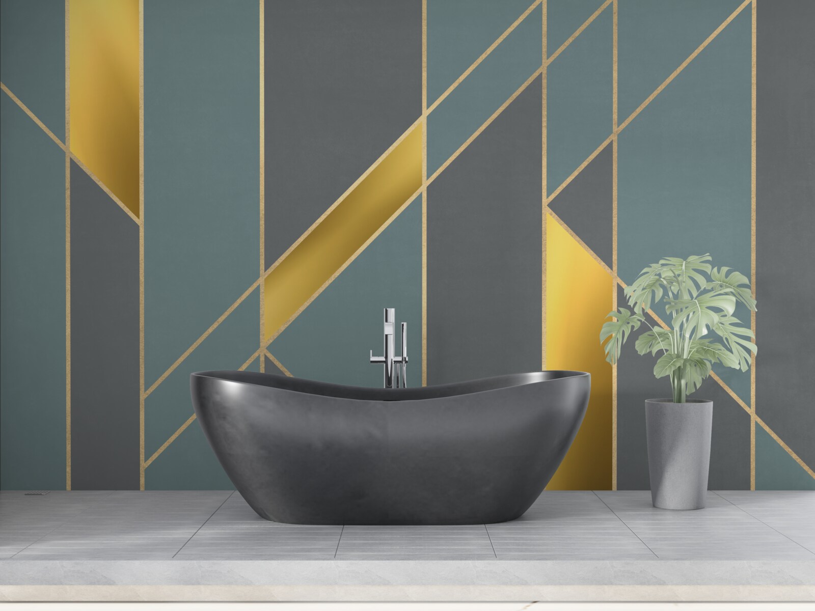 Fotobehang blauwe figuren met gouden accenten