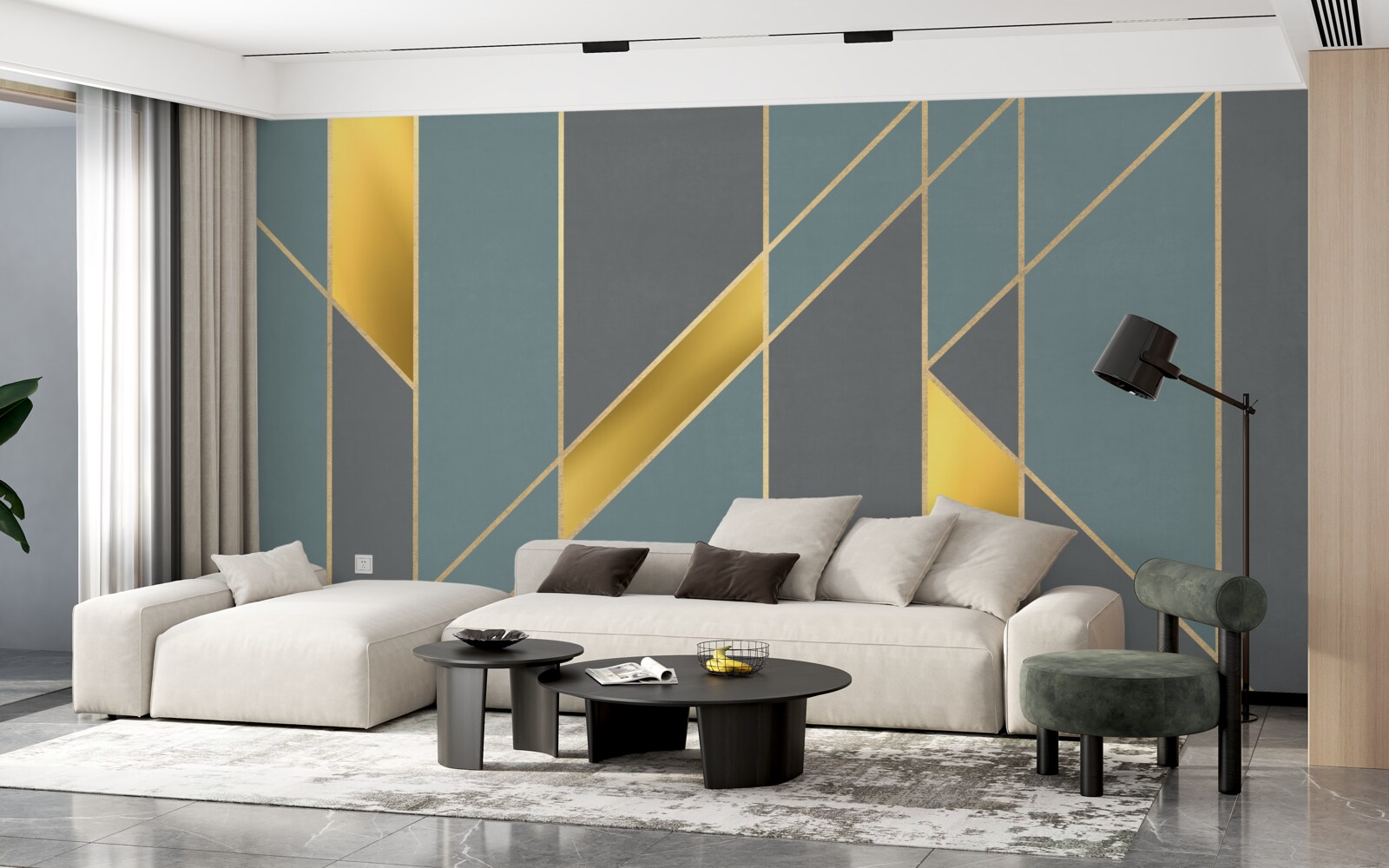 Fotobehang blauwe figuren met gouden accenten