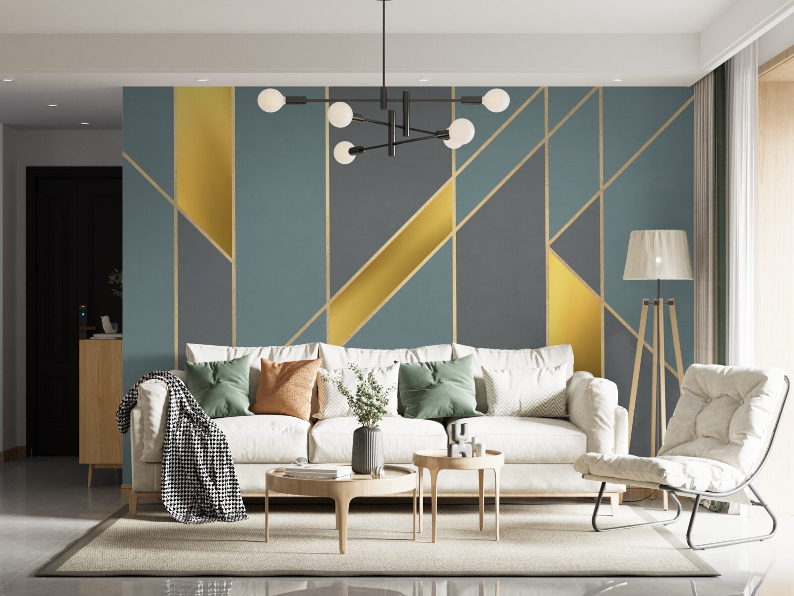 Fotobehang blauwe figuren met gouden accenten