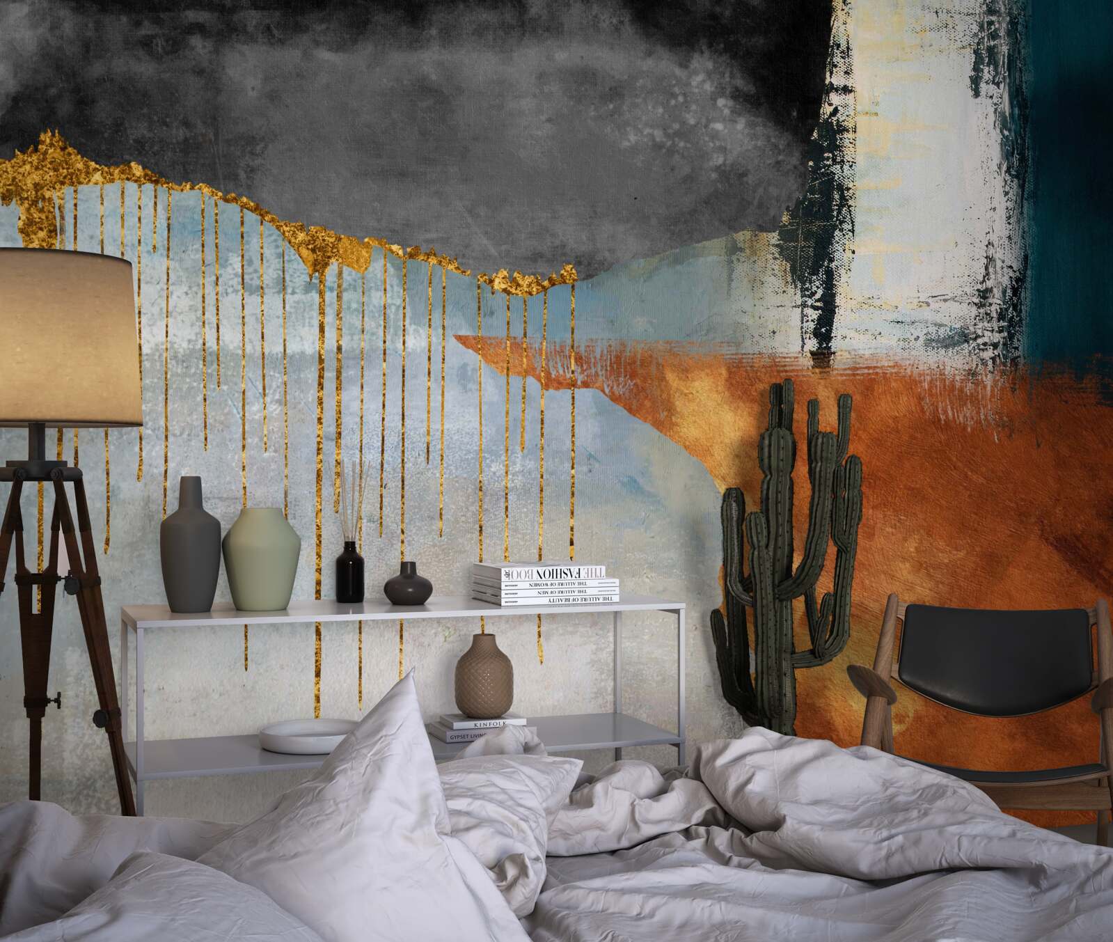 Fotobehang gouden stromen die samensmelten met een palet van verschillende tinten