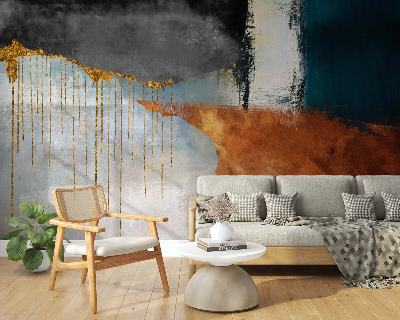 Fotobehang gouden stromen die samensmelten met een palet van verschillende tinten