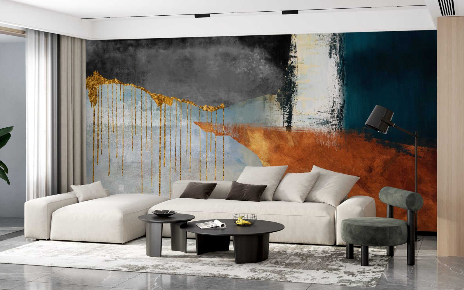 Fotobehang gouden stromen die samensmelten met een palet van verschillende tinten