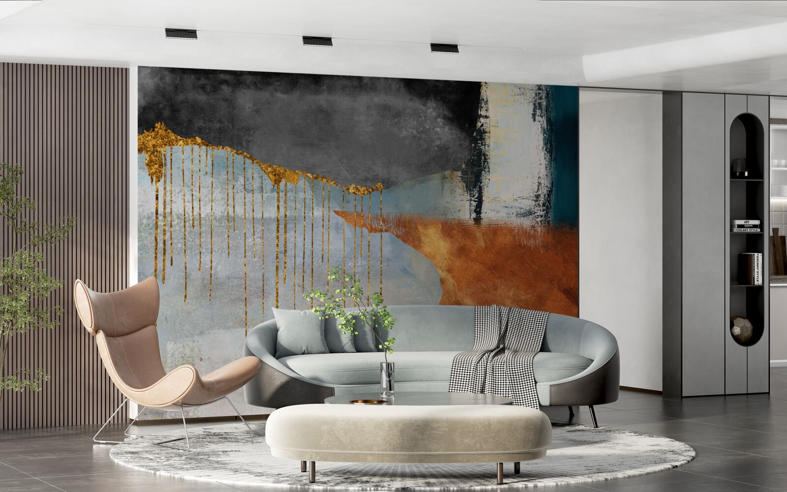 Fotobehang gouden stromen die samensmelten met een palet van verschillende tinten