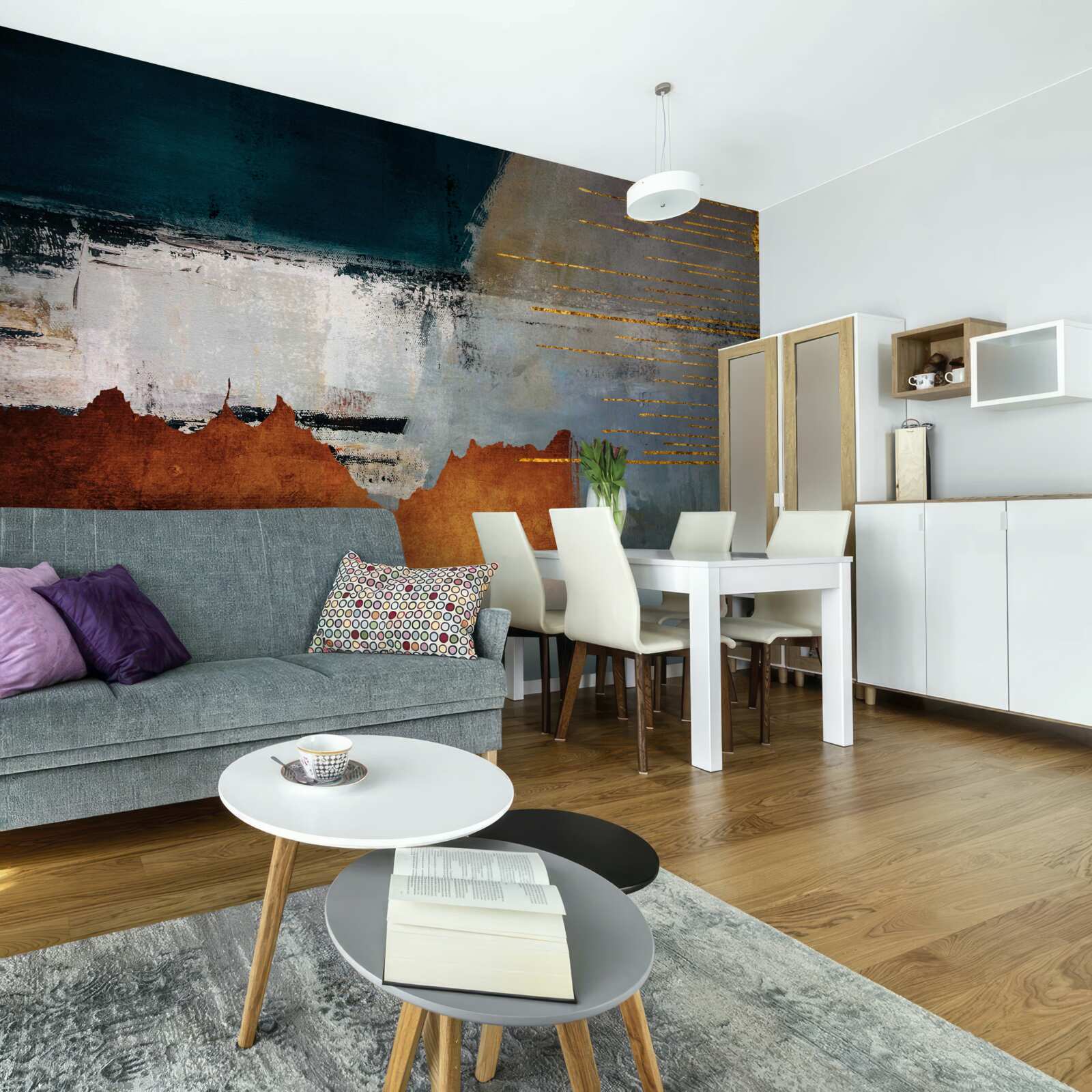 Fotobehang de gekleurde achtergrond is versierd met gouden lijnen