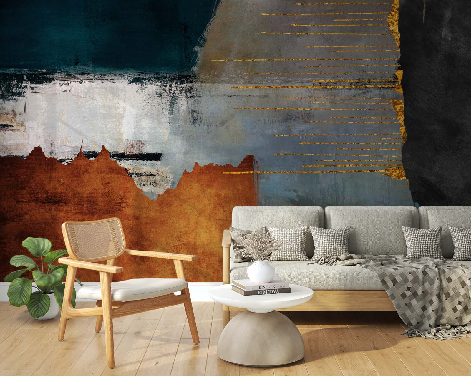 Fotobehang de gekleurde achtergrond is versierd met gouden lijnen