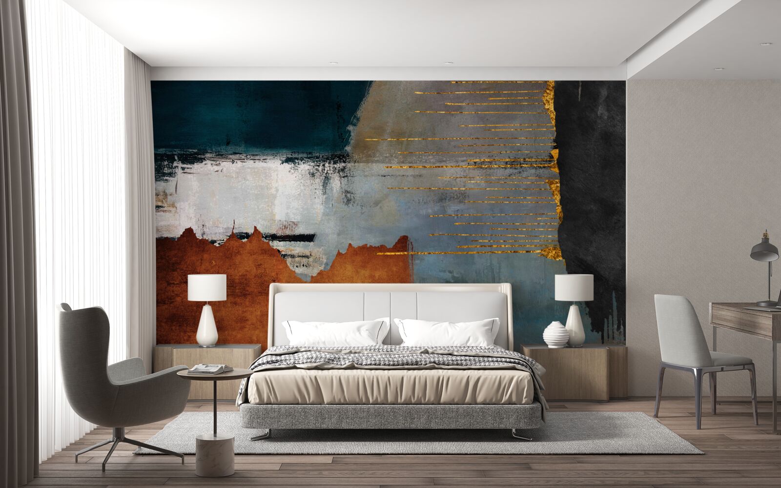 Fotobehang de gekleurde achtergrond is versierd met gouden lijnen