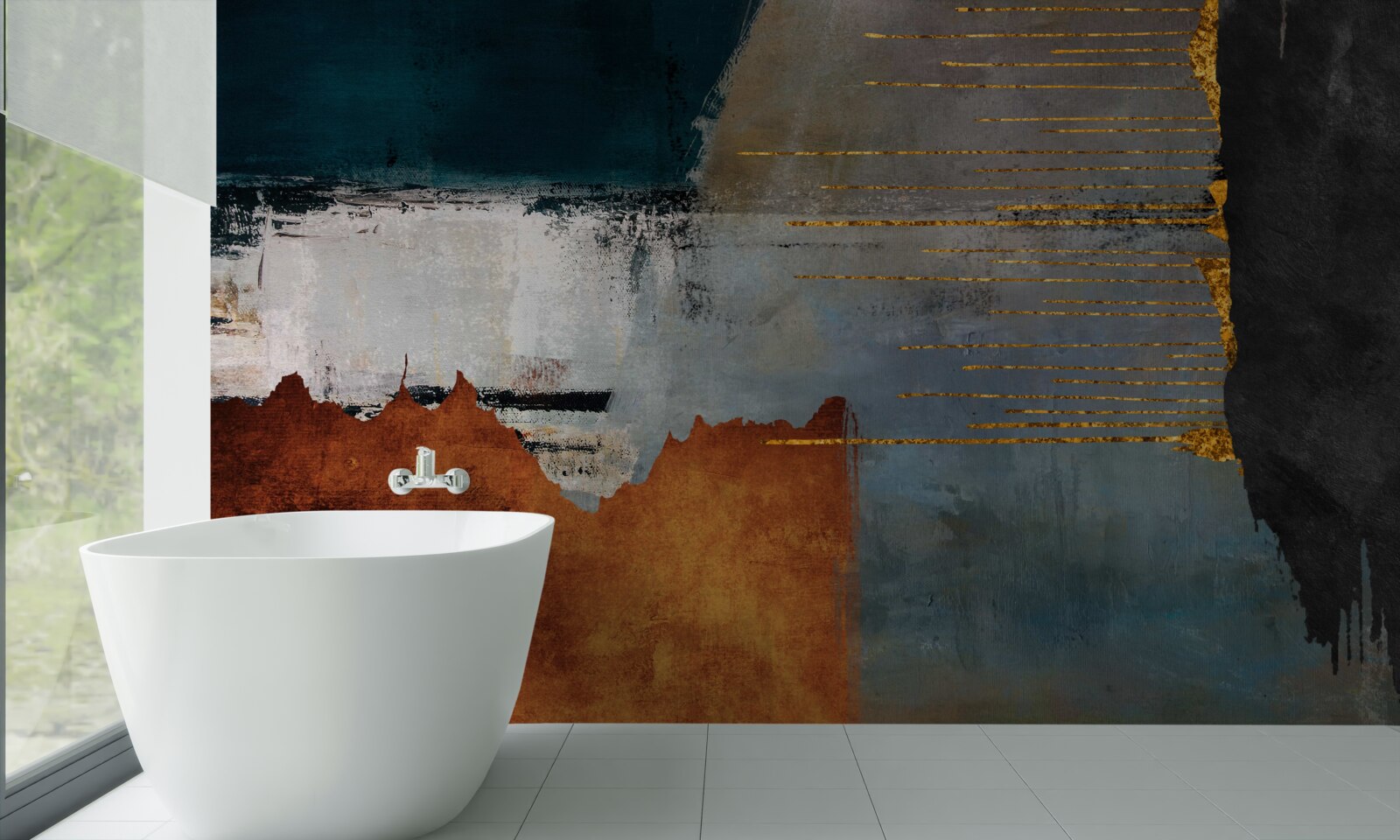 Fotobehang de gekleurde achtergrond is versierd met gouden lijnen