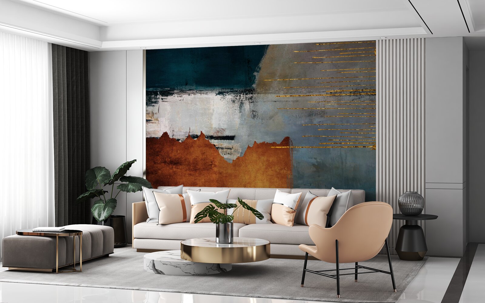 Fotobehang de gekleurde achtergrond is versierd met gouden lijnen