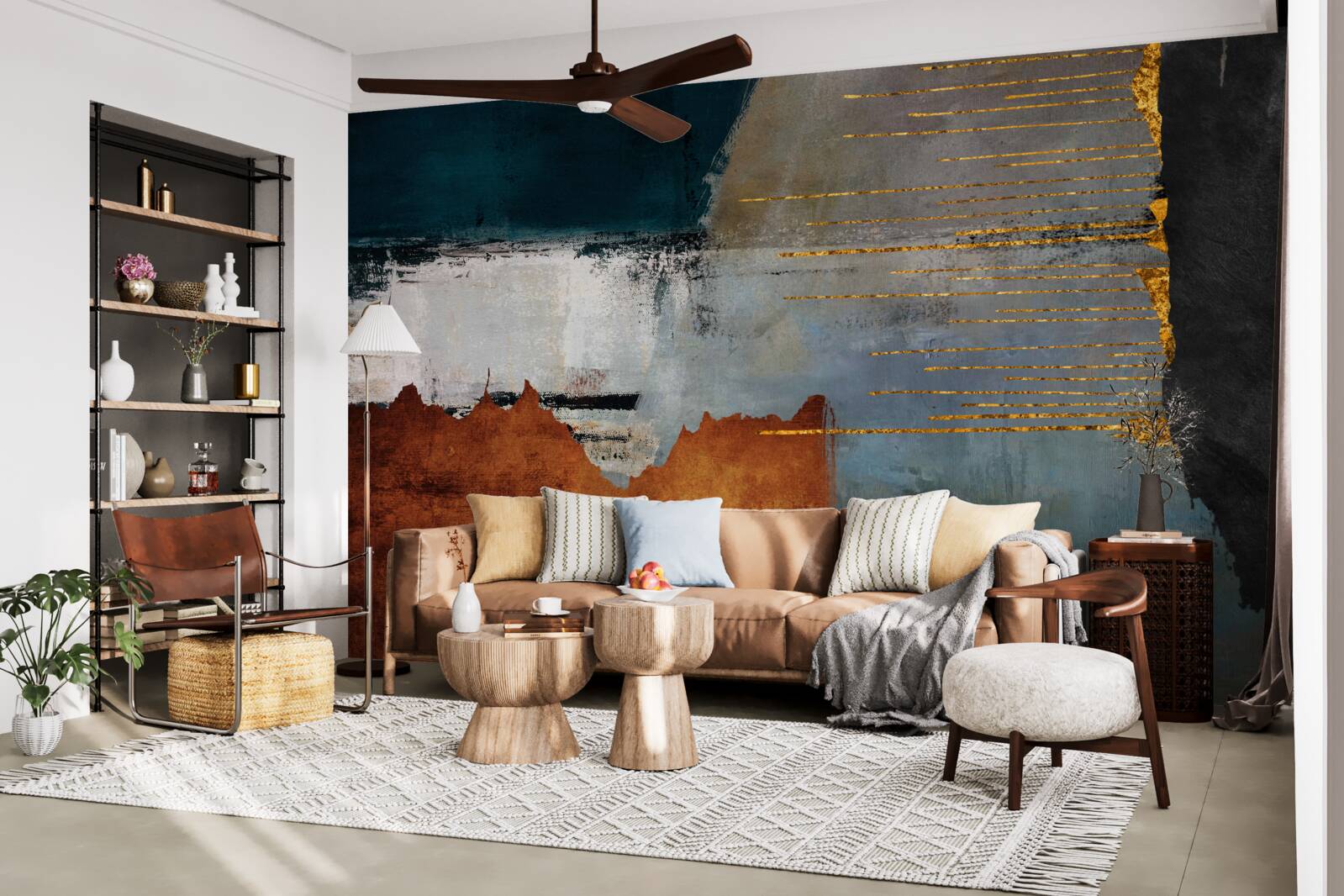 Fotobehang de gekleurde achtergrond is versierd met gouden lijnen