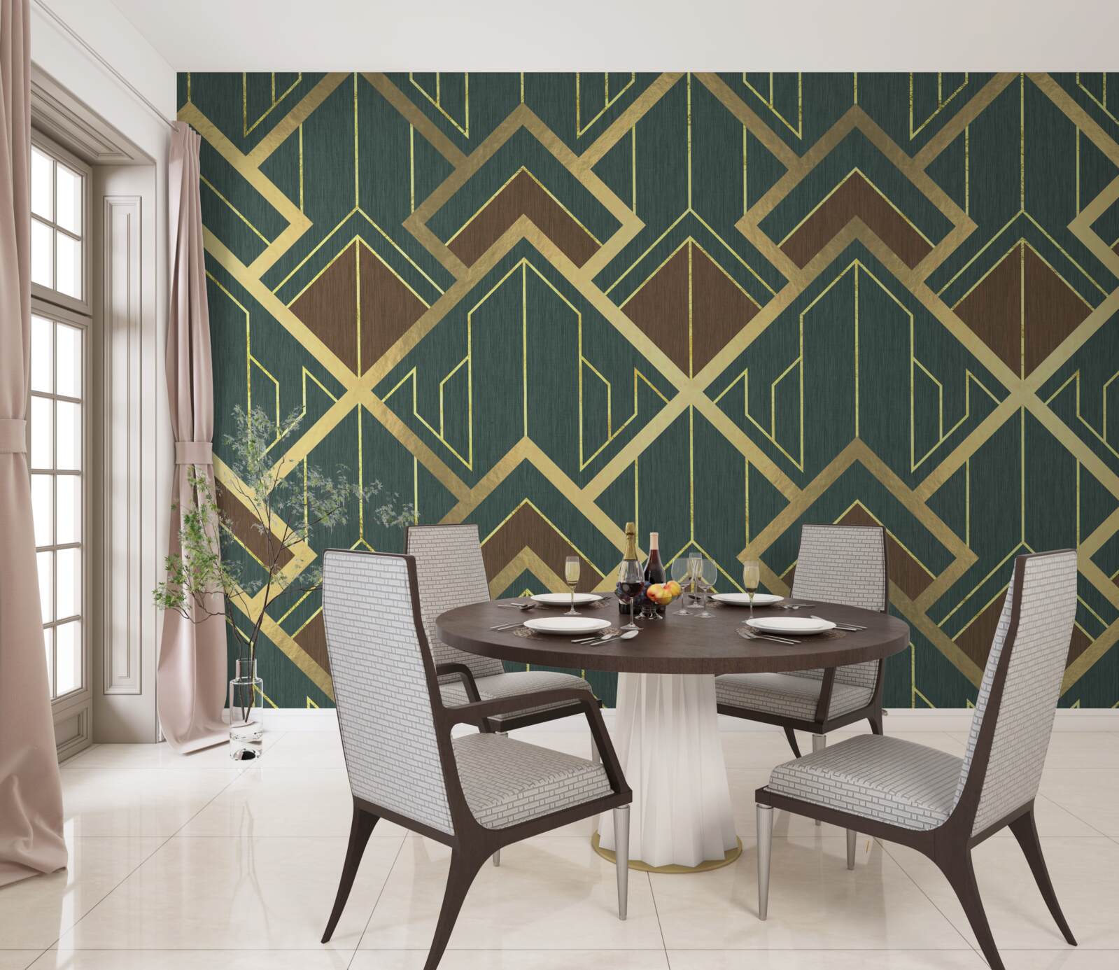 Fotobehang een ontwerp met verschillende vormen en gouden lijnen