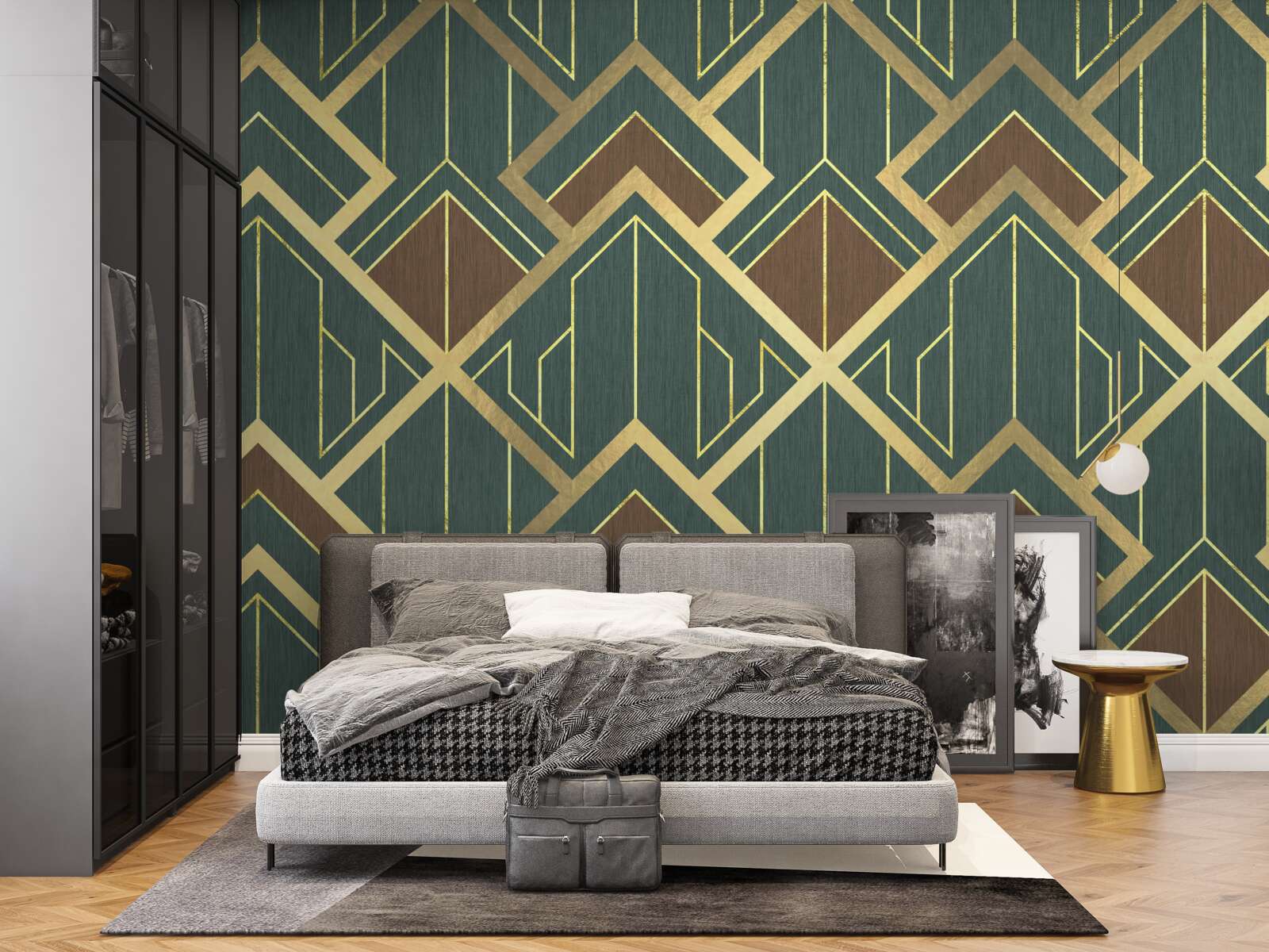 Fotobehang een ontwerp met verschillende vormen en gouden lijnen