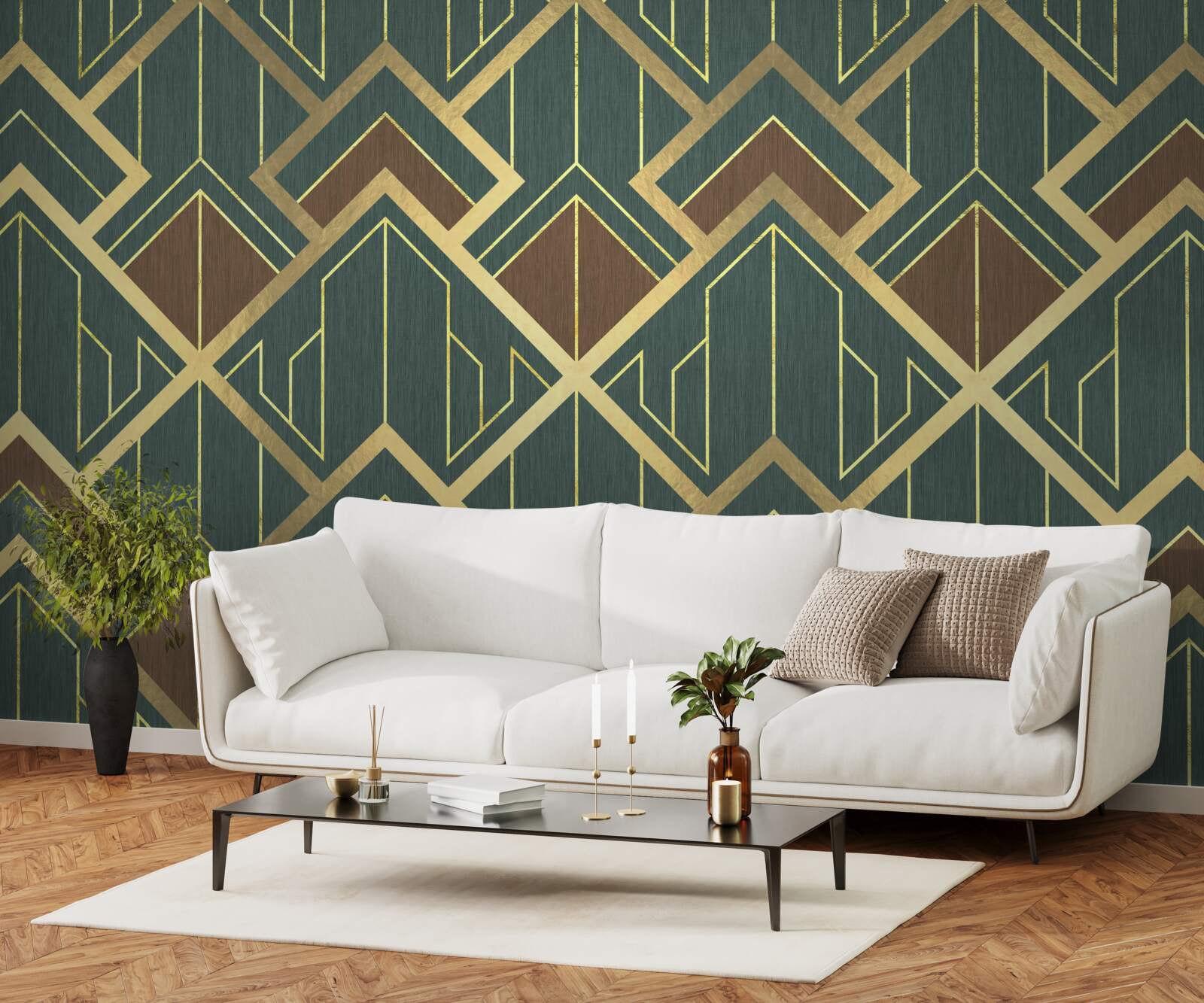 Fotobehang een ontwerp met verschillende vormen en gouden lijnen