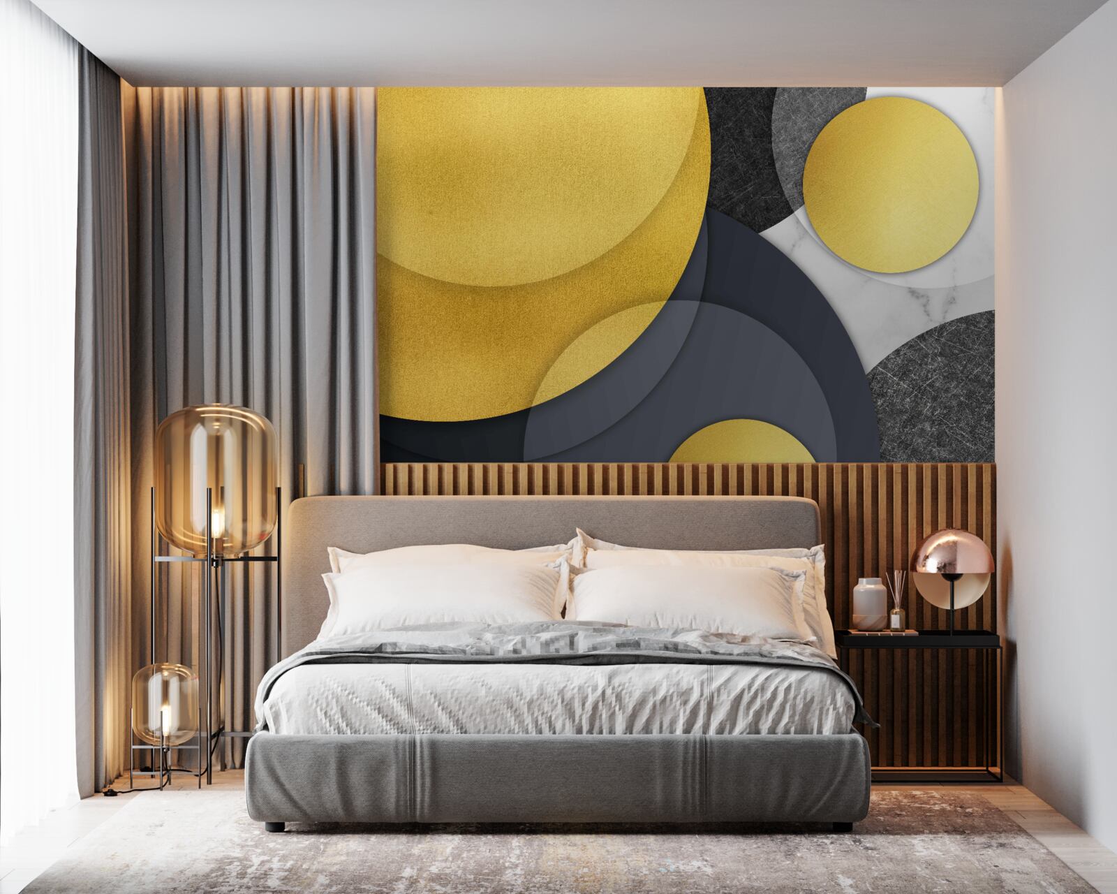 Fotobehang gouden ballen zweven in de lucht