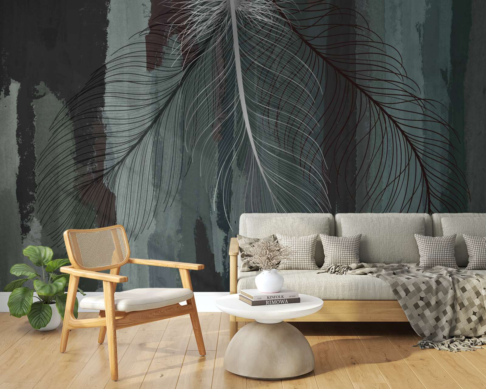 Fotobehang donkere achtergrond versierd met tropische veren
