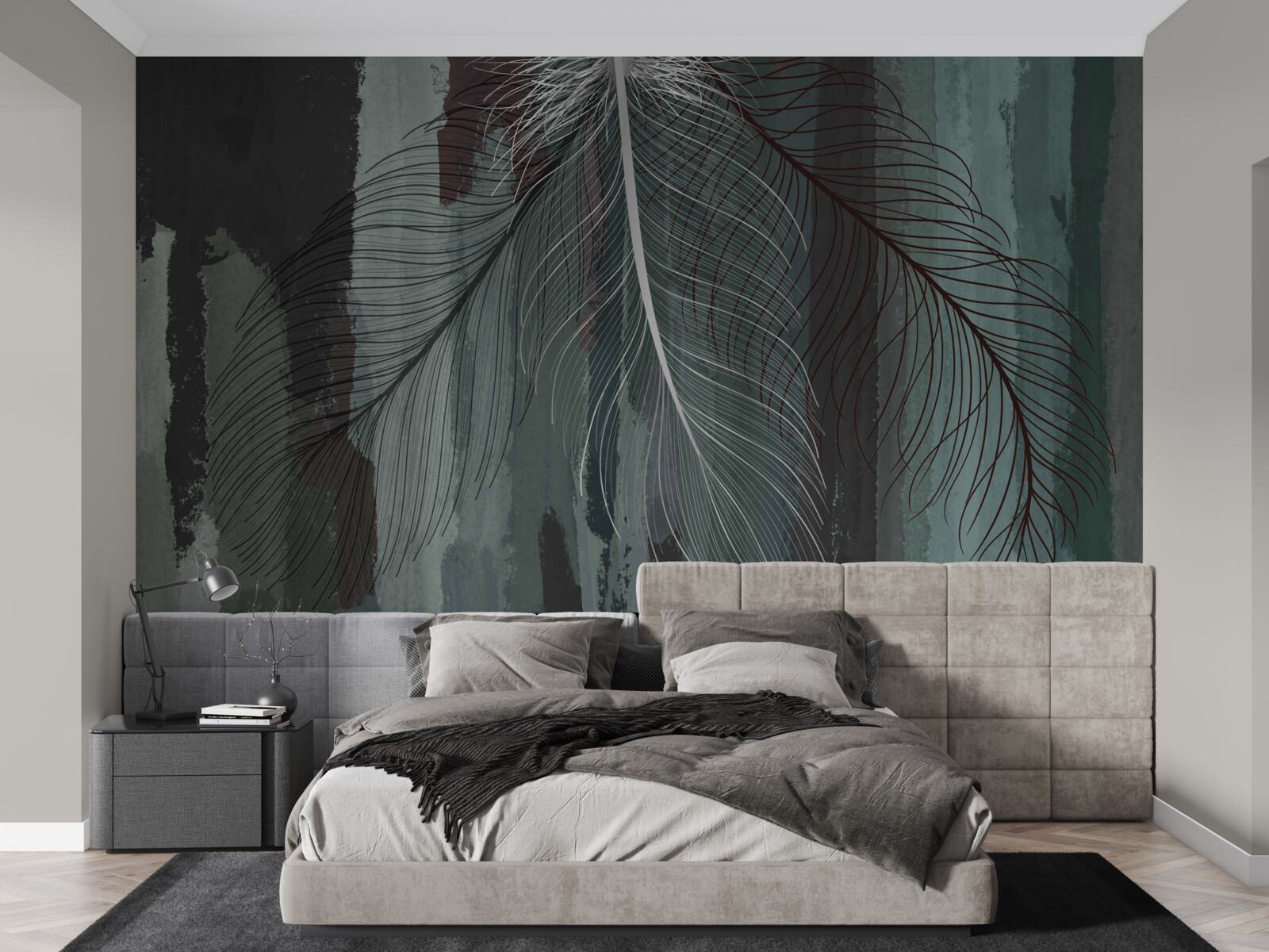 Fotobehang donkere achtergrond versierd met tropische veren