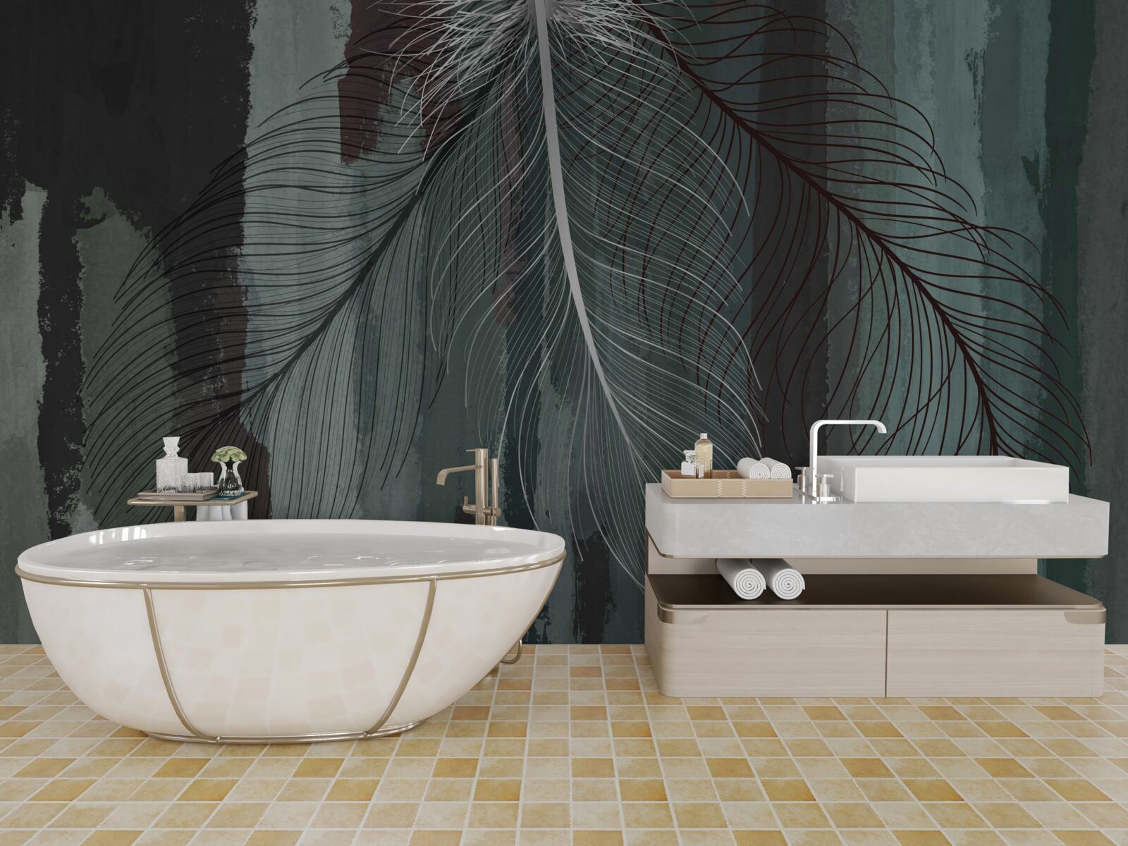 Fotobehang donkere achtergrond versierd met tropische veren