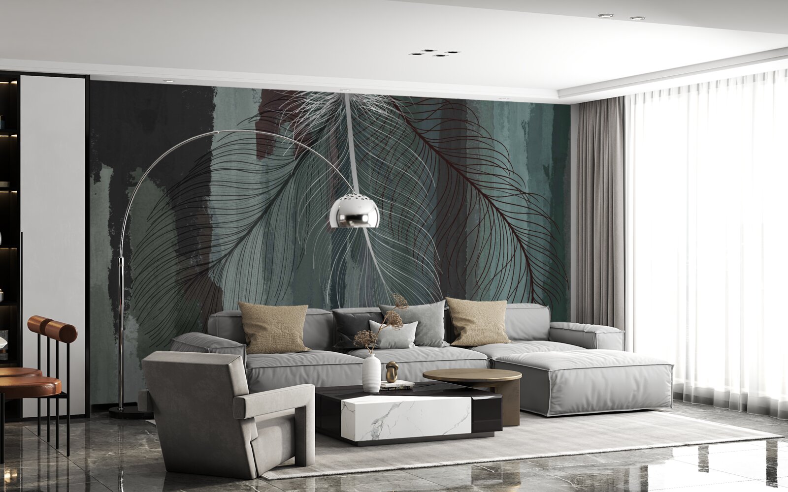 Fotobehang donkere achtergrond versierd met tropische veren