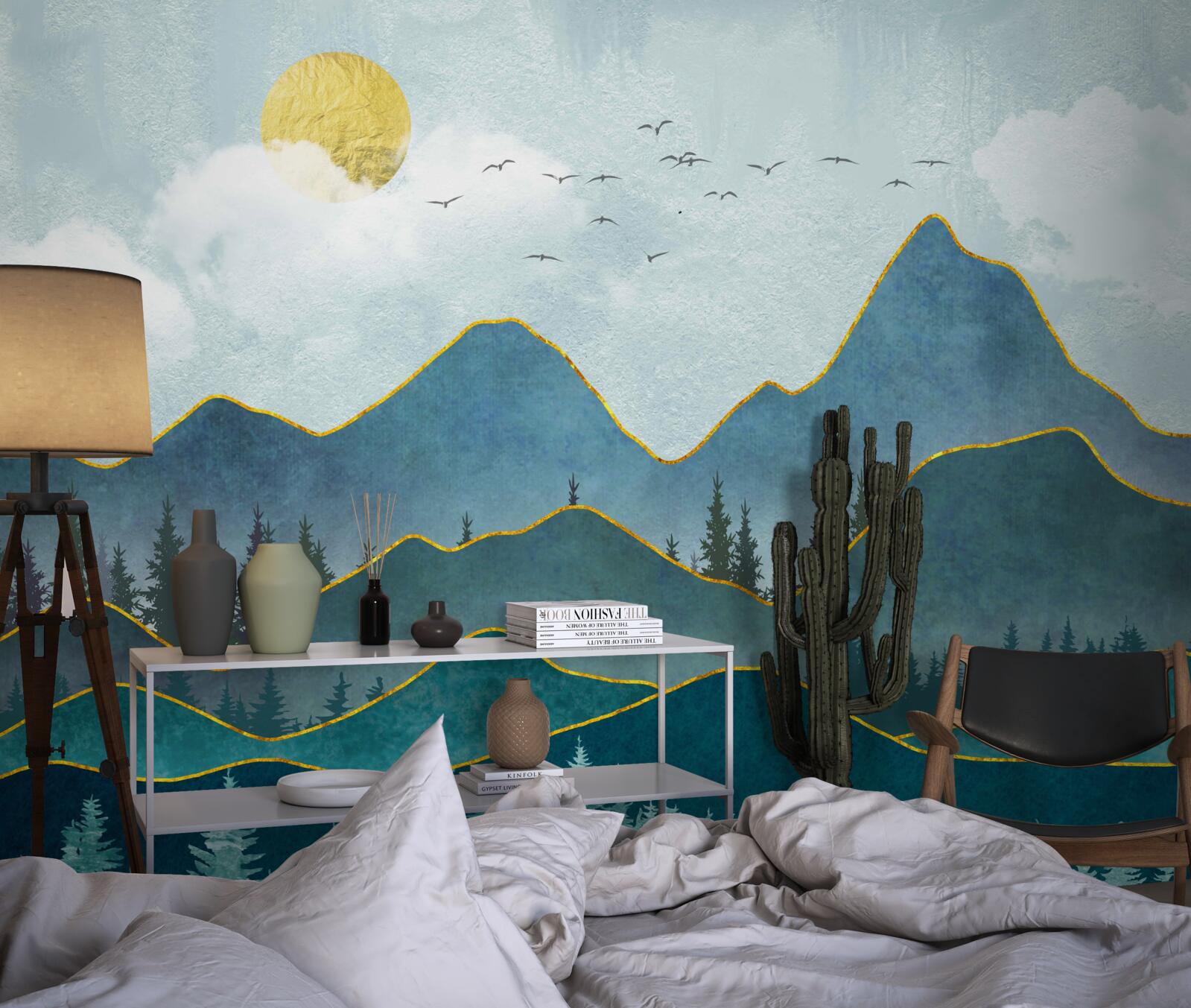 Fotobehang grafische afbeelding van een riviervallei en een bergboom