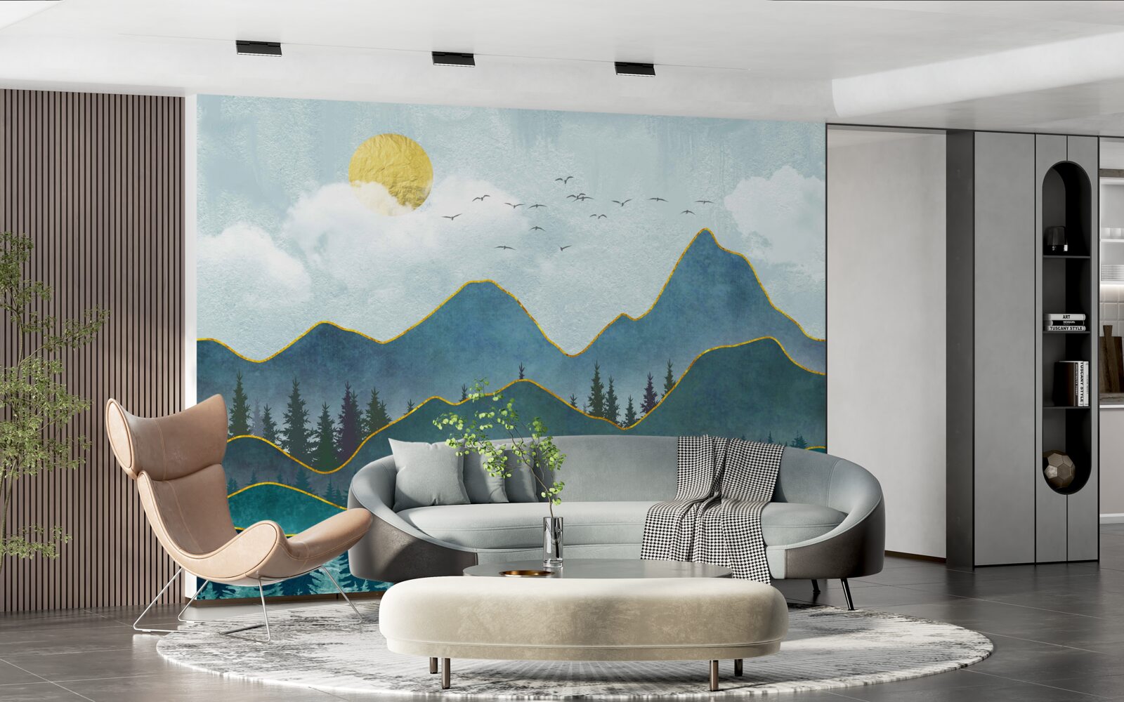 Fotobehang grafische afbeelding van een riviervallei en een bergboom