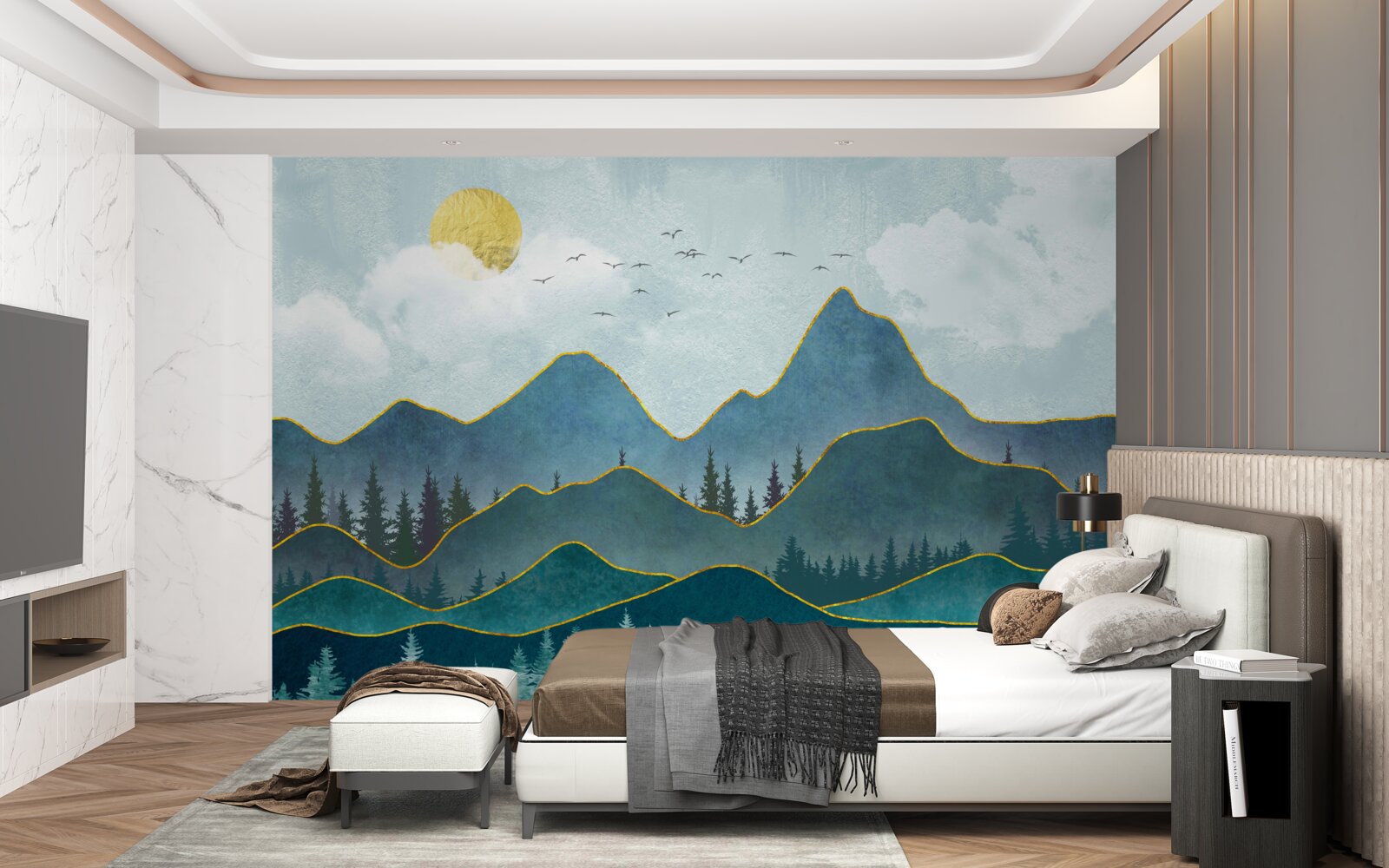 Fotobehang grafische afbeelding van een riviervallei en een bergboom