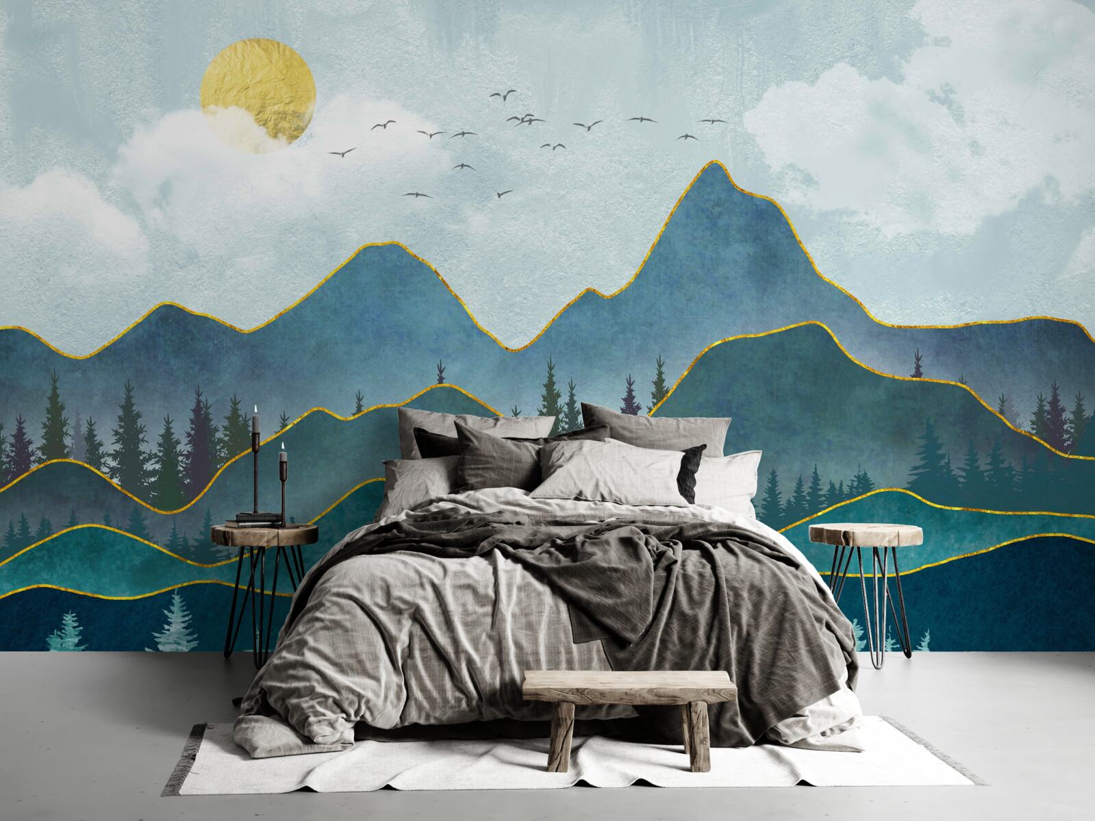 Fotobehang grafische afbeelding van een riviervallei en een bergboom