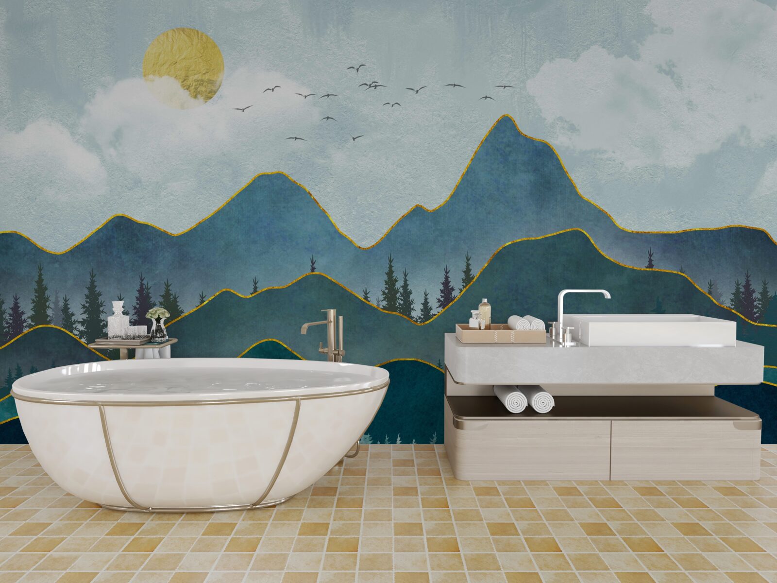 Fotobehang grafische afbeelding van een riviervallei en een bergboom