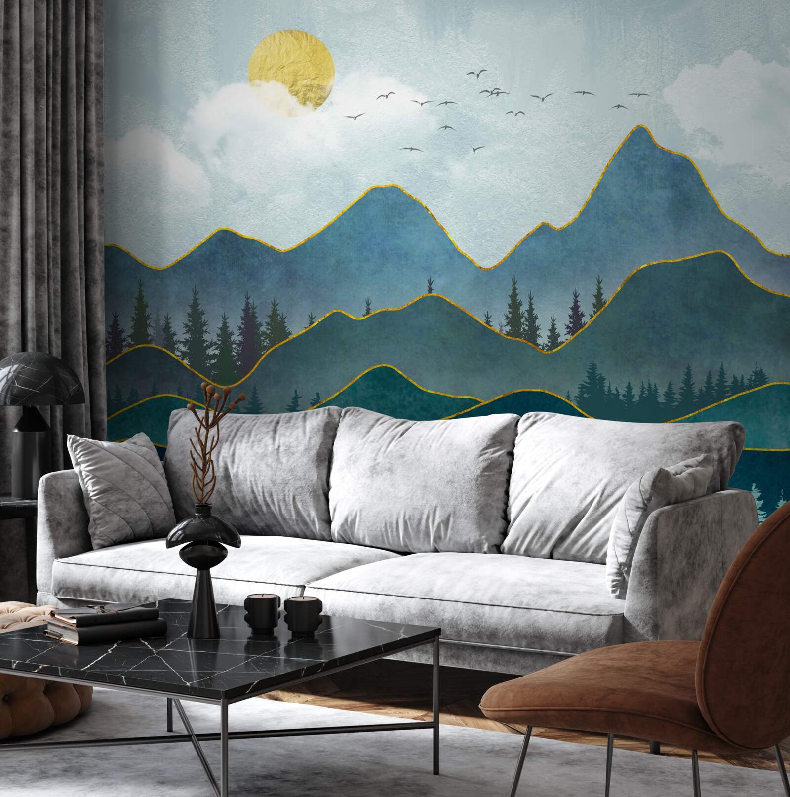 Fotobehang grafische afbeelding van een riviervallei en een bergboom