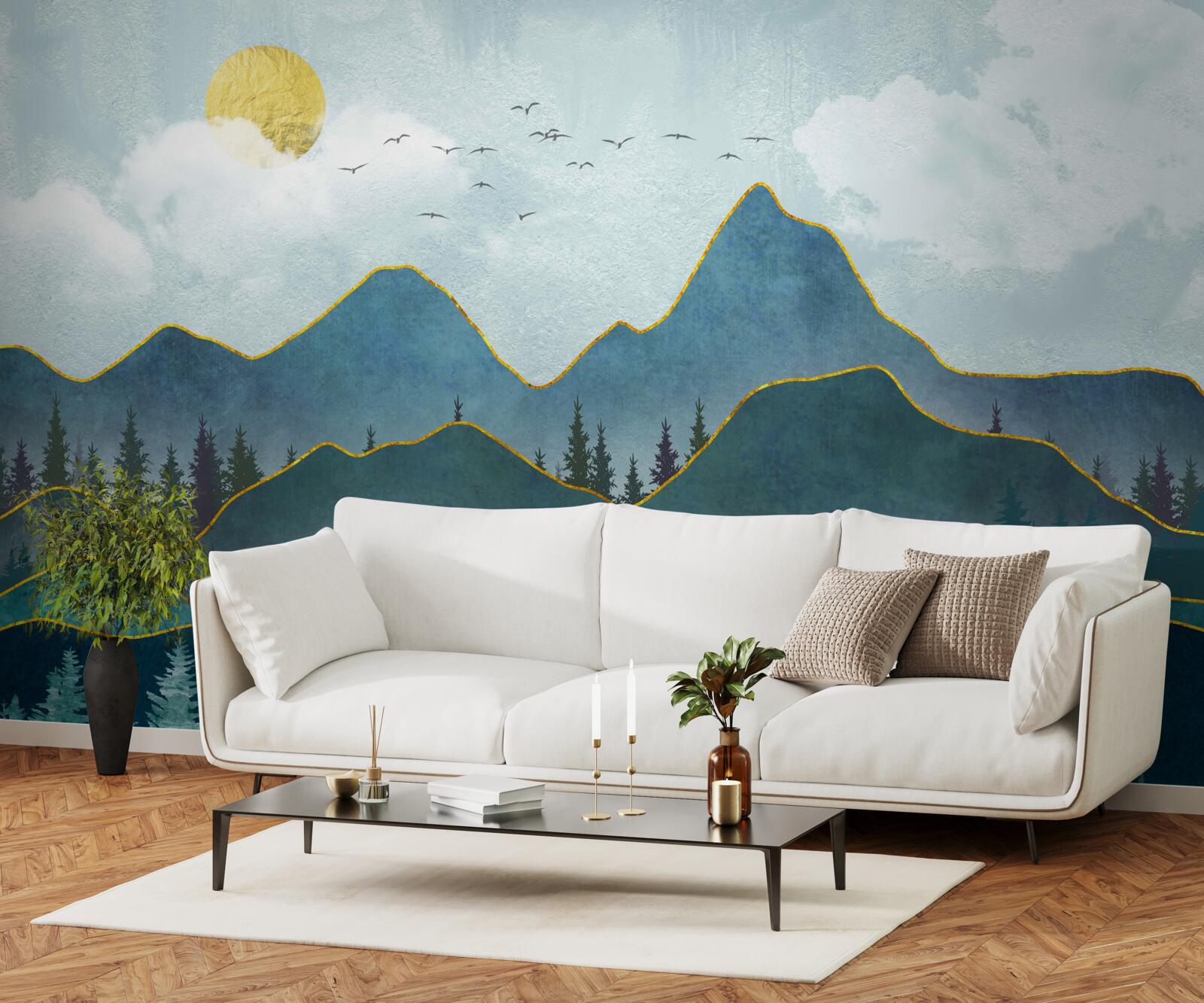 Fotobehang grafische afbeelding van een riviervallei en een bergboom