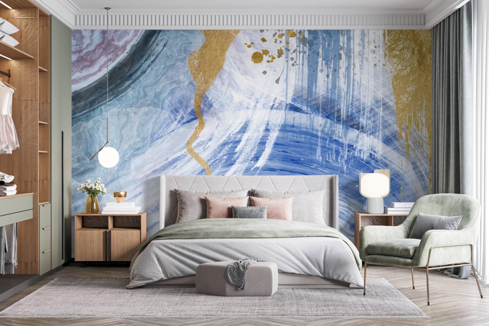 Fotobehang bruine stromen tegen een achtergrond van blauwe vlekken