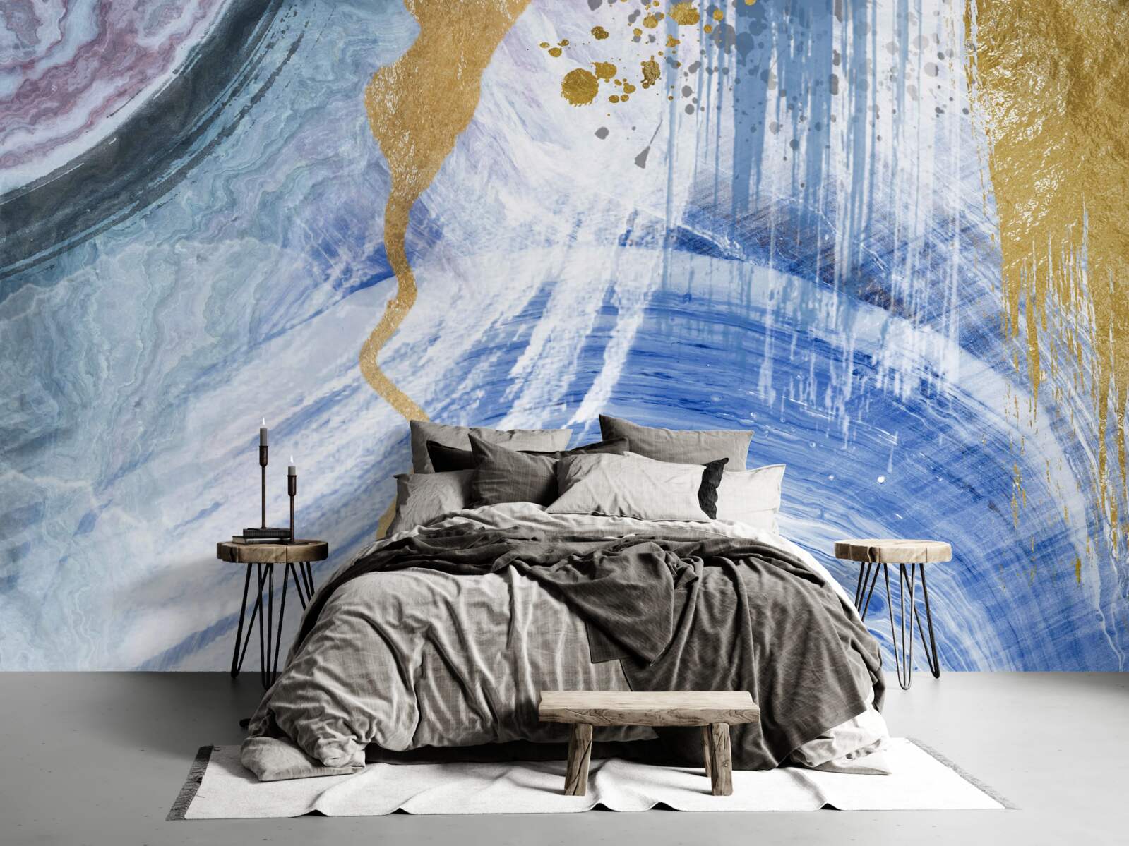 Fotobehang bruine stromen tegen een achtergrond van blauwe vlekken