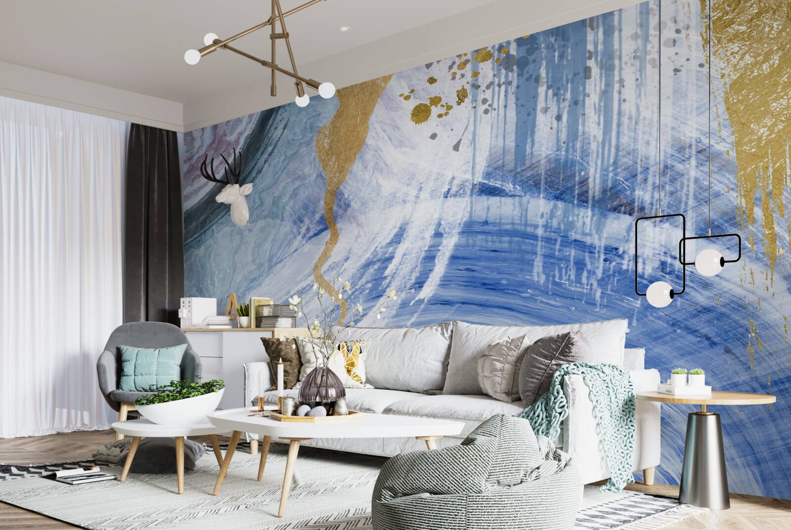 Fotobehang bruine stromen tegen een achtergrond van blauwe vlekken