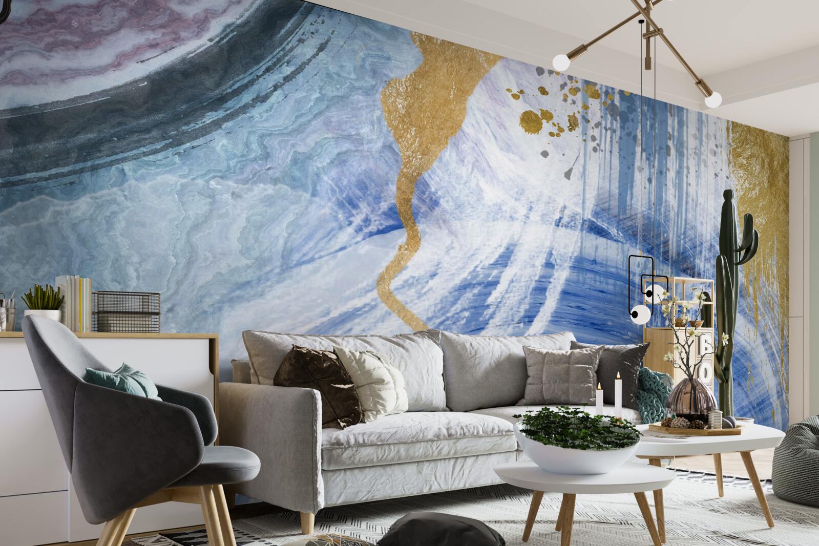 Fotobehang bruine stromen tegen een achtergrond van blauwe vlekken